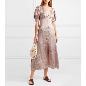 LoveShackFancy Delaney Pink Floral Silk Puff Sleeve Midi Dress - Size XS